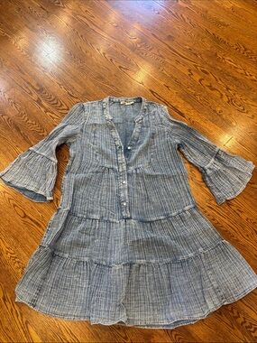 Faherty Chambray Blue Button-Front Ruffled Dress